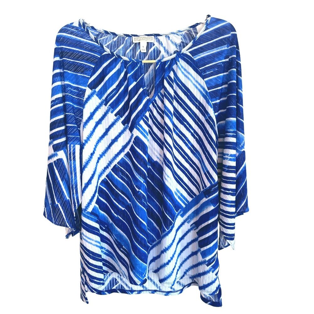 Dana Buchman Large Blue White Abstract Stripe Blouse Career Resort Glam Chic Top